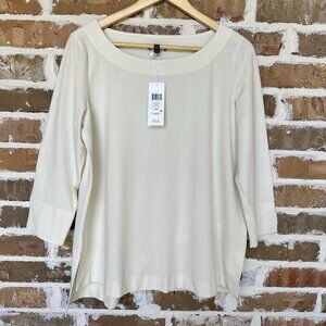 NWT Eileen Fisher Crepe Blouse Shirt Size M 3/4 Slit Sleeve Ivory Top Minimalist